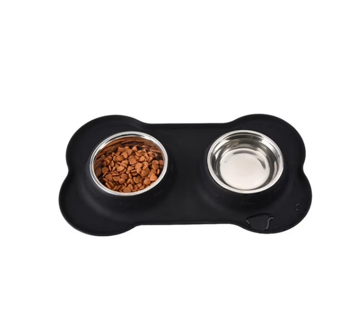 Unisex pet feeding set with non-slip mat, two stainless steel dog bowls for food and water