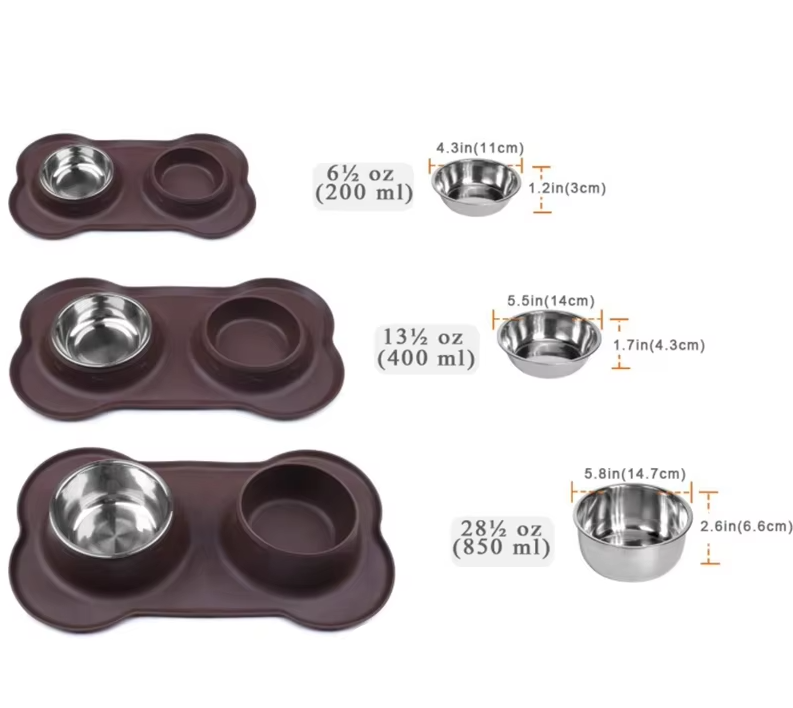 Close-up of hygienic stainless steel dog bowls in a waterproof, non-slip pet feeding mat