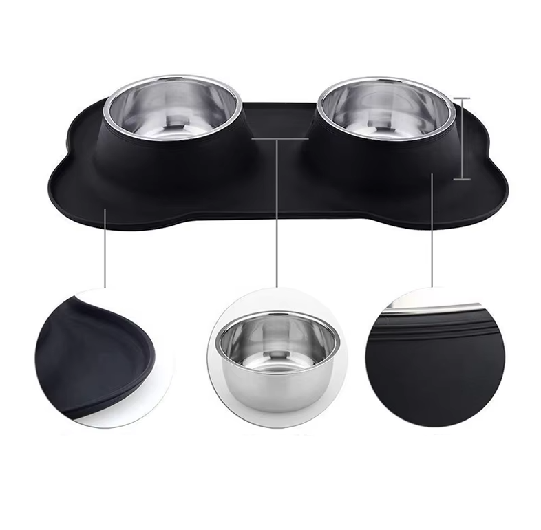 Easy clean pet feeder for dogs, featuring two stainless steel dishes and a grey non-slip mat