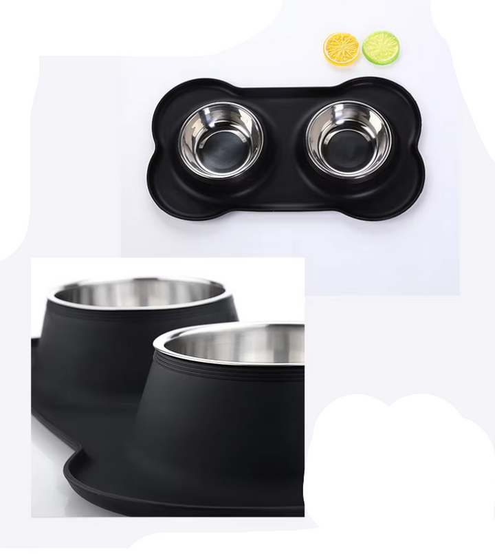 Grey non-slip mat with two stainless steel pet bowls, an essential pet supply for dogs