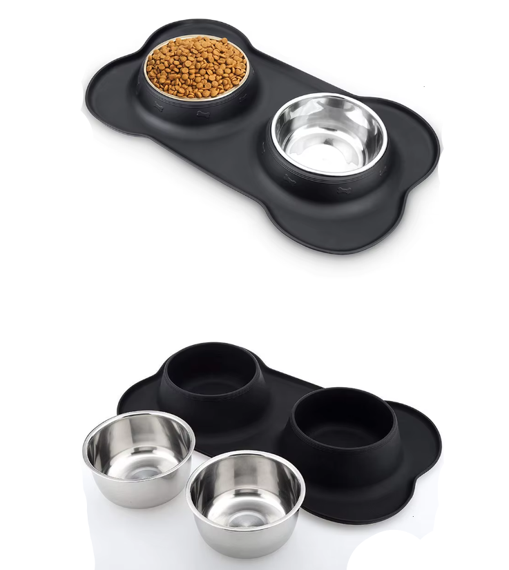 Pet accessories: waterproof non-slip mat holding two shiny stainless steel dog food and water bowls