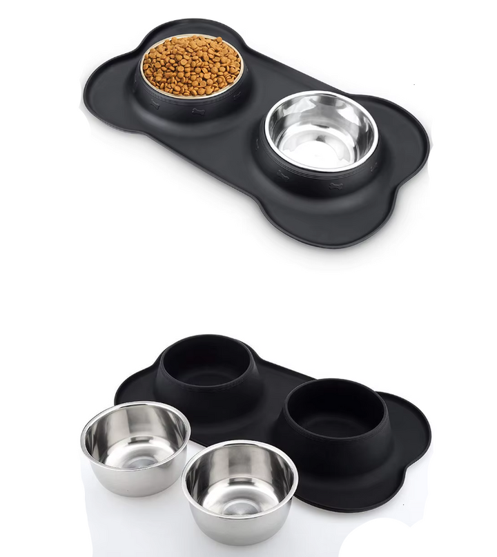 Pet accessories: waterproof non-slip mat holding two shiny stainless steel dog food and water bowls