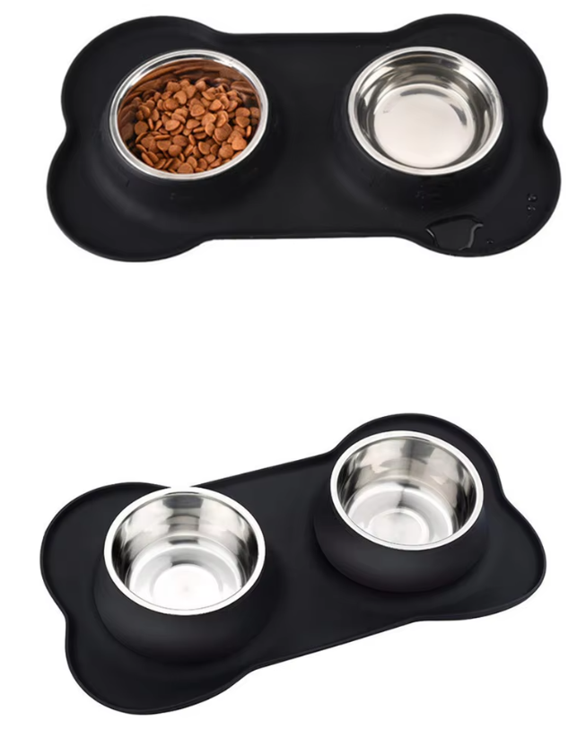 Complete pet feeding solution: non-slip mat protecting floor, paired with easy-to-clean stainless bowls