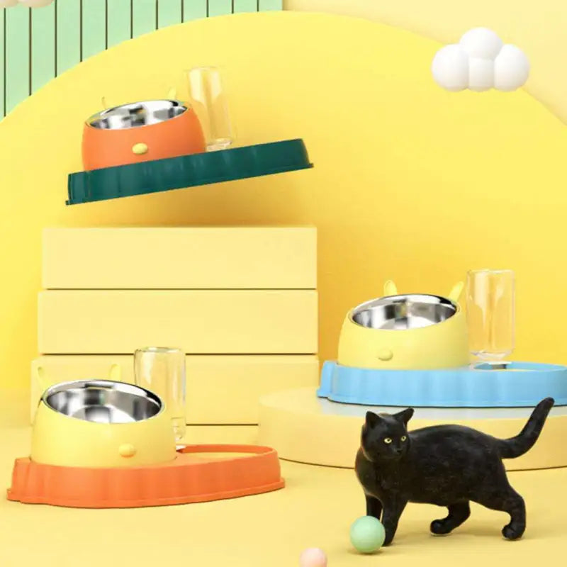Unisex pet feeding station with automatic water dispenser for dogs & cats, easy-clean food bowl