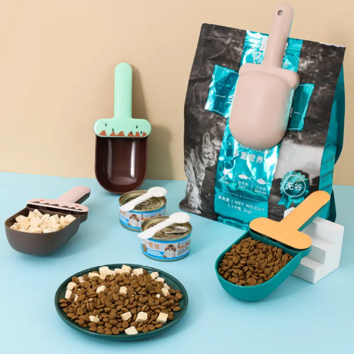 Pet food scoop in a fun sundae design for accurate portion control of dog and cat food, pet health