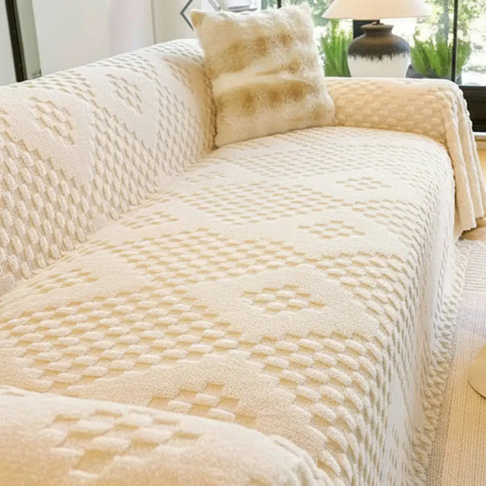 Unisex thickened jacquard velvet sofa cover featuring a modern pattern, enhancing home decor. Pet friendly.