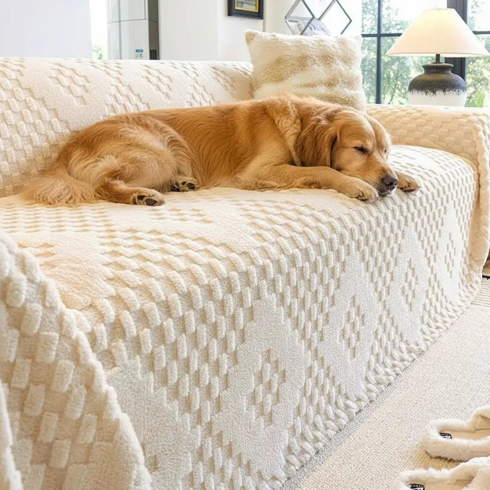 Pet dog comfortably napping on a pet-friendly, scratch-resistant velvet couch cover, protecting furniture.