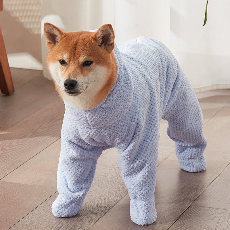 Unisex pet full-body absorbent dog bathrobe with hood for quick drying after bath time.
