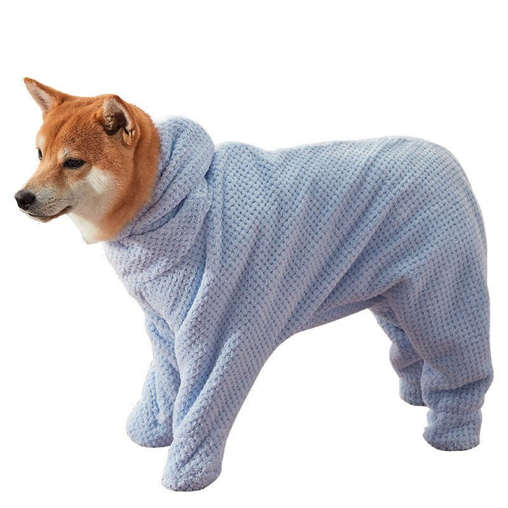 Grey absorbent dog bathrobe with hood, offering full coverage for pet comfort and quick dry.