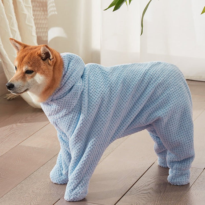 Soft, absorbent dog apparel: full-body bathrobe with hood, perfect for efficient pet drying.