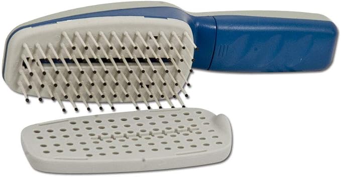 Ergonomic pet grooming brush, essential for animal care, helps maintain a healthy pet coat.