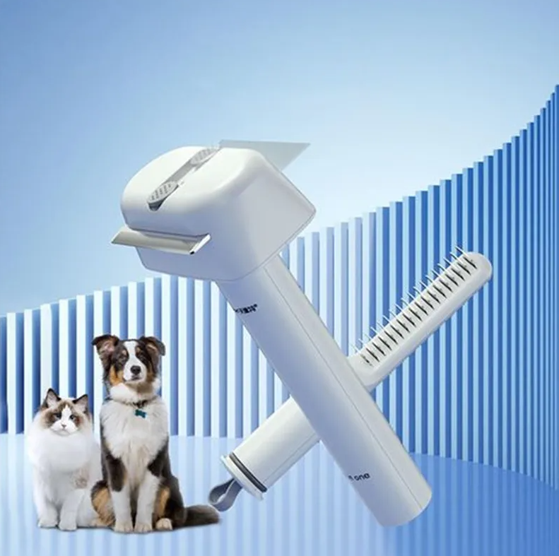 Unisex pet grooming brush with fur trimmer, perfect for dog and cat shedding reduction