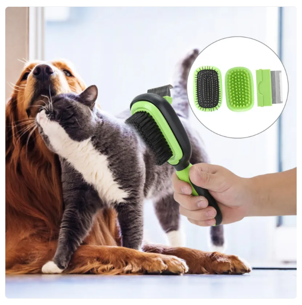 Unisex pet grooming brush with purple handle and silver detangling comb for dogs & cats