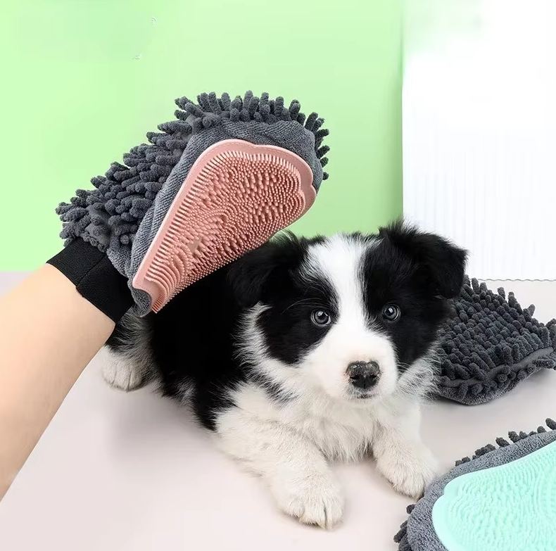 Unisex pet grooming glove in blue, featuring silicone bristles for deshedding dogs and cats and gentle massage.