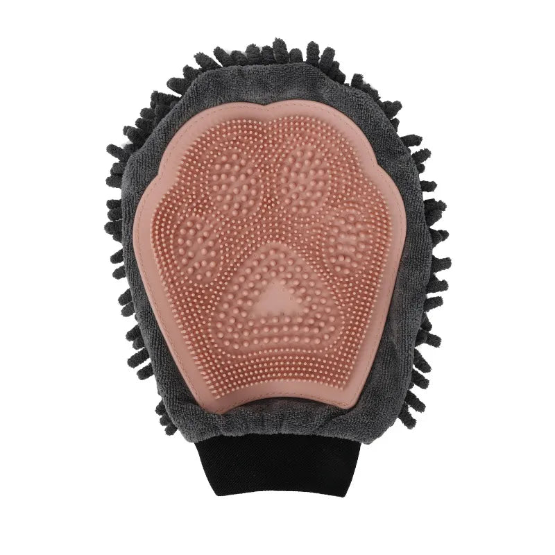 Pet grooming glove with an adjustable strap, black microfiber surface for cleaning and removing loose fur from dogs and cats.