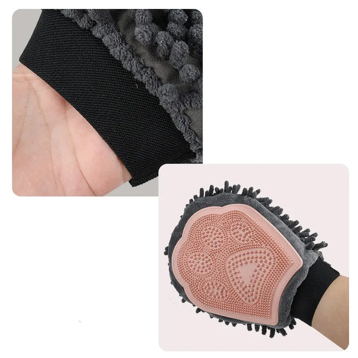 A unisex pet care glove with a microfiber palm, ideal for gentle deshedding and massaging furry dogs and cats.