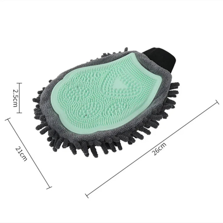 Pet grooming glove designed for both cats and dogs, featuring a dual-sided design for efficient deshedding and bathing.