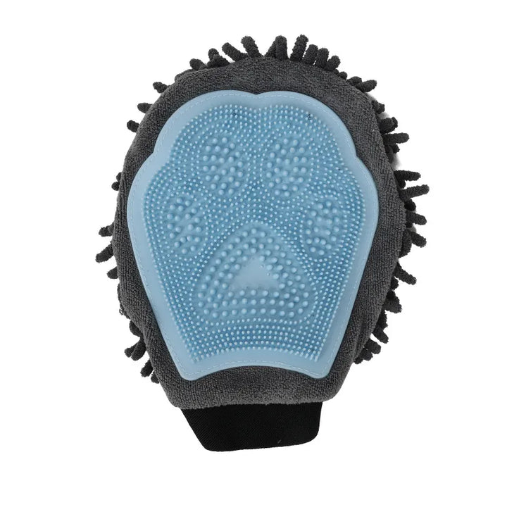 Black pet grooming glove presented on a white background, an essential tool for dog brushing and cat care.