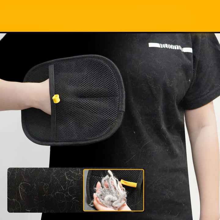 Hand wearing a unisex pet grooming and hair removal mitt, showing flexible design for pet care