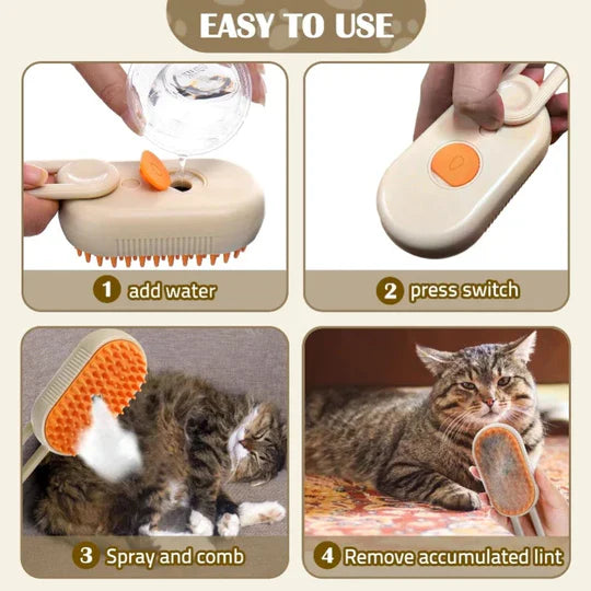 Unisex pet steam brush with charger, ready for use to keep cat and dog coats healthy
