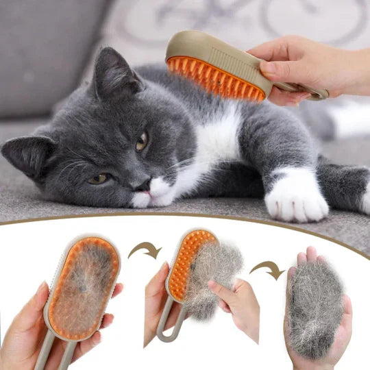 Dog grooming steam brush in use, showing fur being collected for a cleaner home