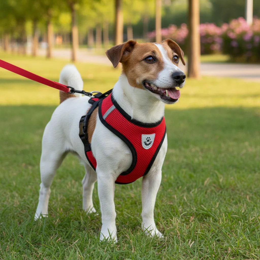 Close-up of breathable mesh fabric on a unisex pet harness, ensuring pet comfort