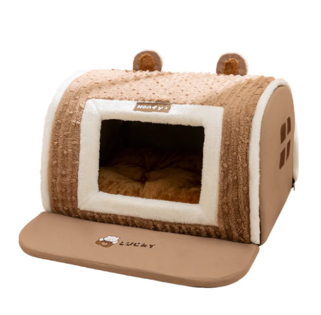 Durable unisex pet house providing a secure dogbed or catbed, includes a convenient removable cushion