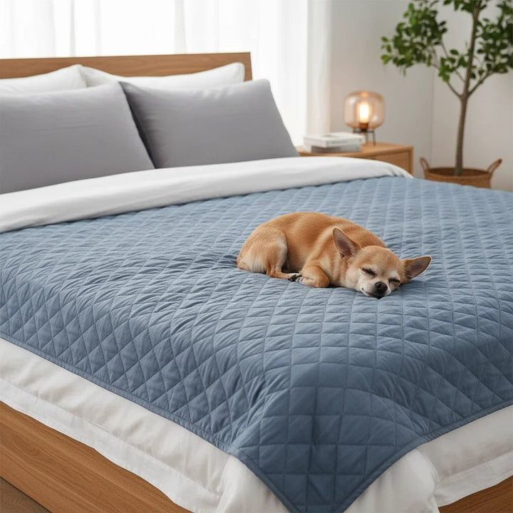 Dog comfortably sleeping on a unisex pet incontinence blanket, ideal for bed protection