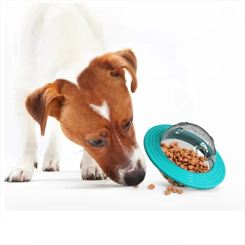 Yellow pet training ball toy for dogs, dispenses treats, promotes mental stimulation and slow feeding.