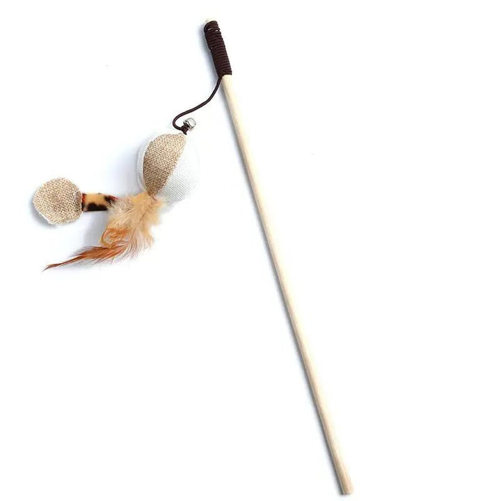 Packaging of a unisex interactive feather wand cat toy, highlighting its non-toxic pet supplies