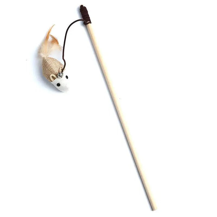 Close-up of the secure attachment of feathers to the interactive pet wand toy, durable design