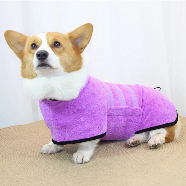 Pet wearing adjustable microfiber drying bathrobe, perfect for post-bath routine