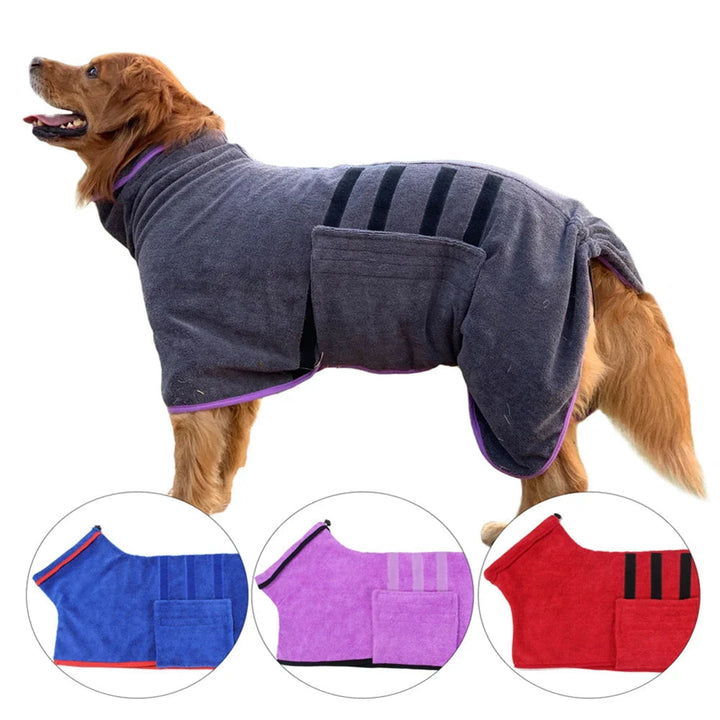Gray quick-dry microfiber pet bathrobe for dogs, featuring an adjustable fit and tie waist.