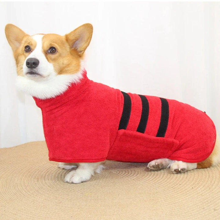 Unisex pet microfiber quick-dry bathrobe with hood, designed for efficient dog drying after swimming.