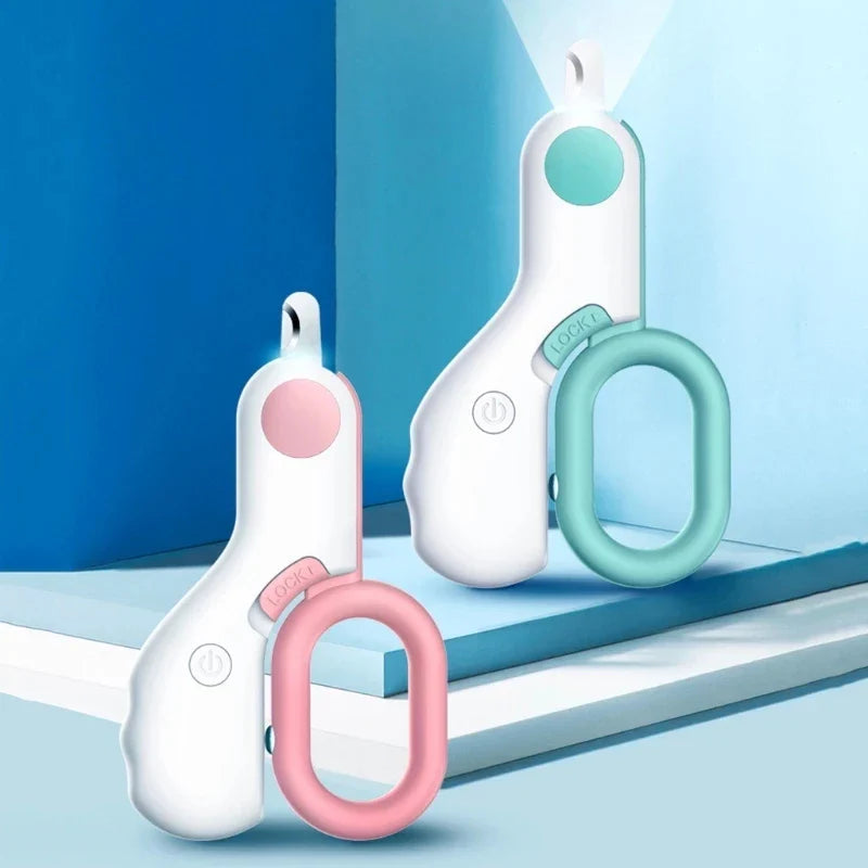 Close-up of pet nail clippers with LED light, essential grooming tool for pet health & safety.