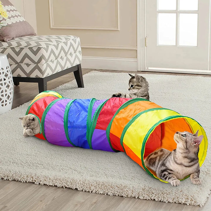Unisex pet play tunnel with colorful rainbow design, interactive cat toy for enrichment