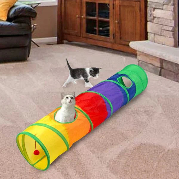 Foldable pet tunnel in vibrant rainbow colors, perfect cat accessory for play & exploration