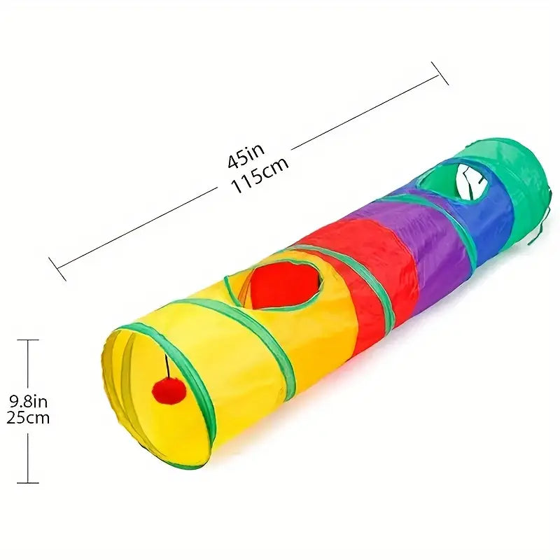 Cat playing inside a rainbow pet play tunnel, showcasing interactive cat toy features