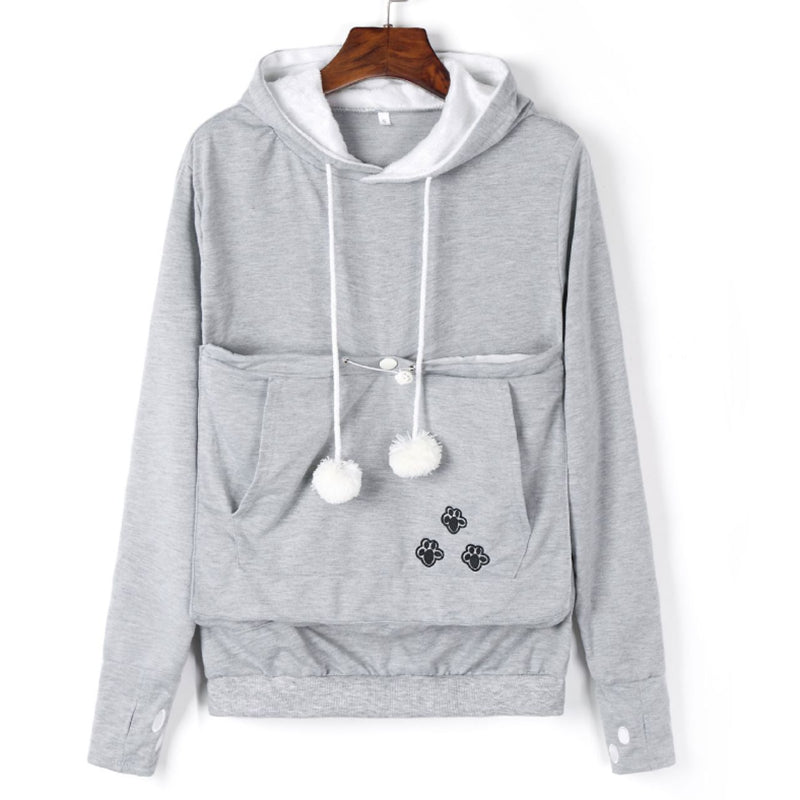 Unisex pet pouch hoodie in grey, front view. Carry your dog or cat close and comfy.