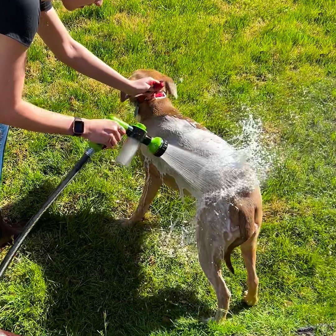 Pet grooming shower tool with soap dispenser, simplifying pet care and cleaning