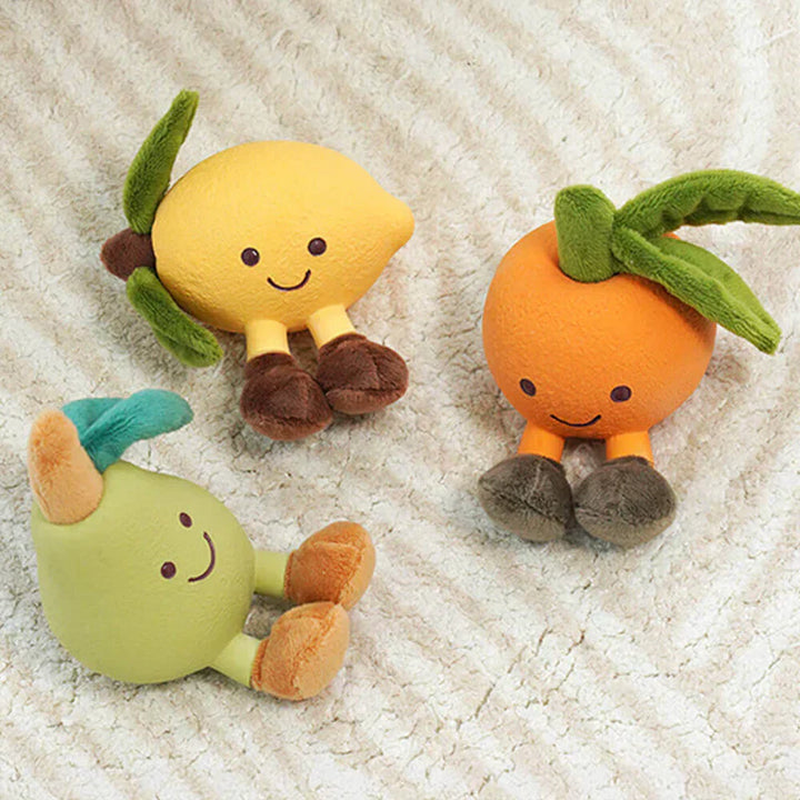 Vibrant fruit-shaped squeaky pet chew toys, an assortment for dogs and puppies, pet supplies