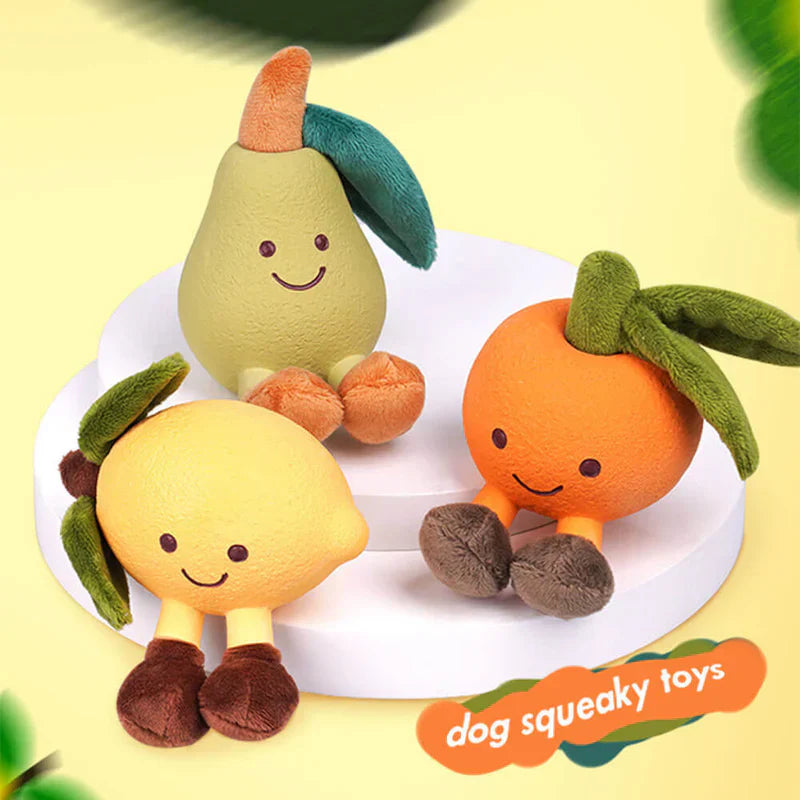 Close-up of a squeaky strawberry dog toy, durable chew for puppies and pet enrichment