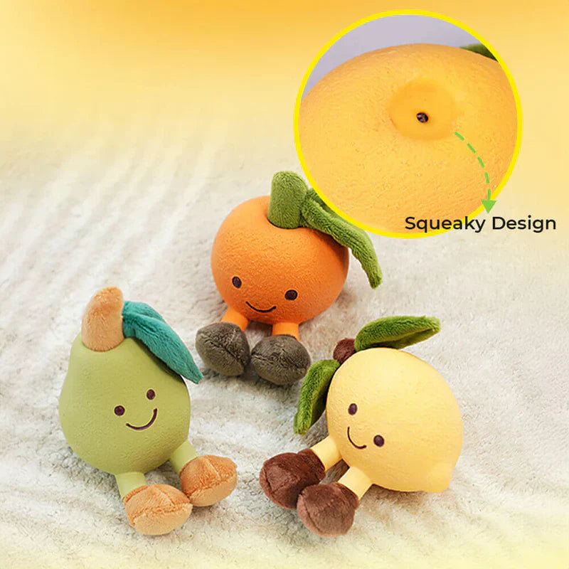 Unisex pet squeaky fruit chew toy collection, ideal for puppies & dogs, promoting pet enrichment