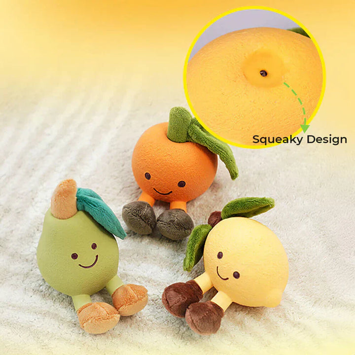 Unisex pet squeaky fruit chew toy collection, ideal for puppies & dogs, promoting pet enrichment