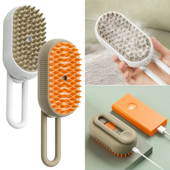 Ergonomic pet steam brush gently removes loose fur from dogs & cats, promoting animal health