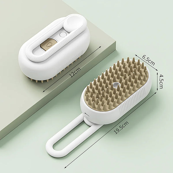 Cordless pet grooming steam brush in use, showing a happy cat enjoying fur care & hygiene