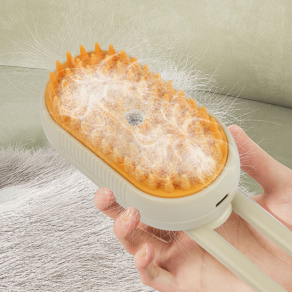Detailed view of pet steam brush features, a must-have dog & cat grooming tool for hygiene