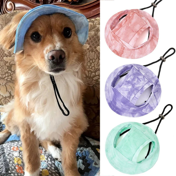 Outdoor pet gear: Dog summer sun hat, adjustable strap, striped design, UV protection