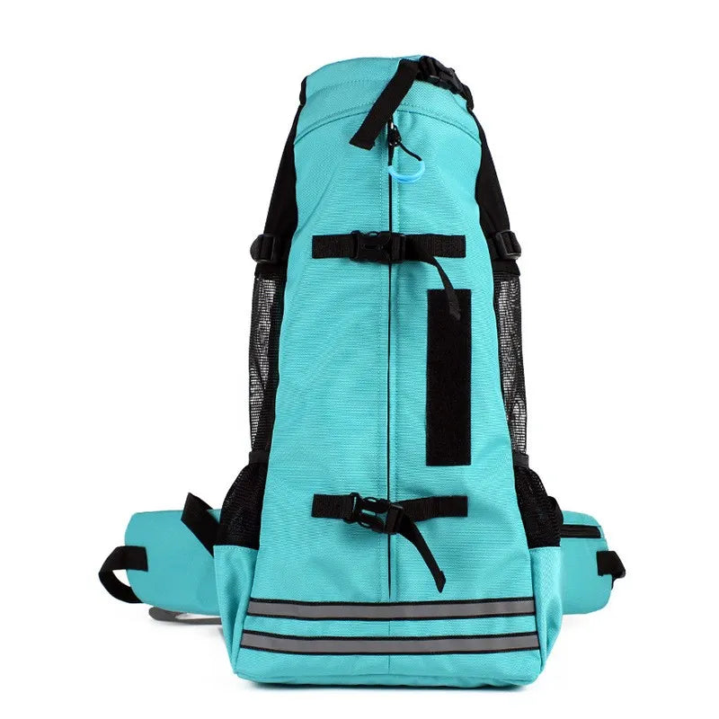 Unisex pet travel backpack with dog looking out, demonstrating comfort and ventilation for car journeys