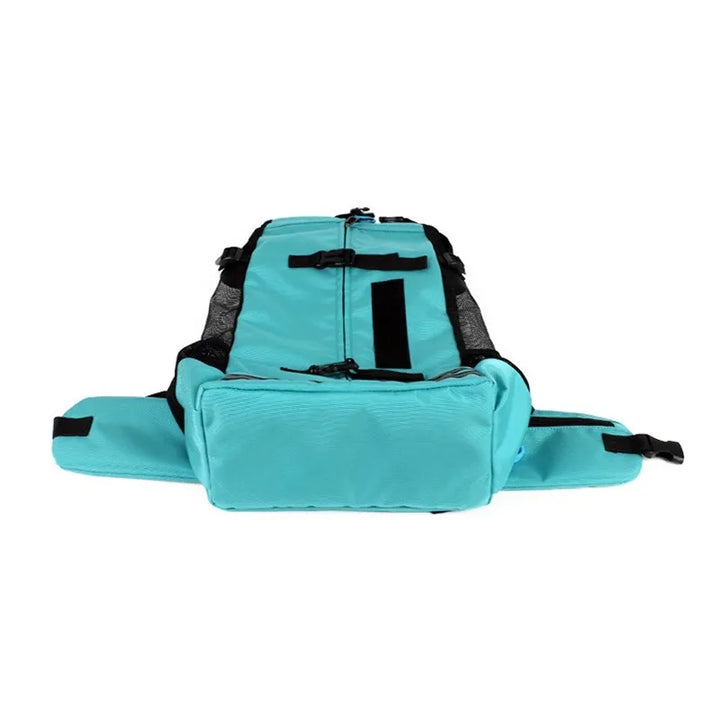 Unisex pet travel backpack unfolded, showing interior space & soft lining for comfortable dog/cat travel gear